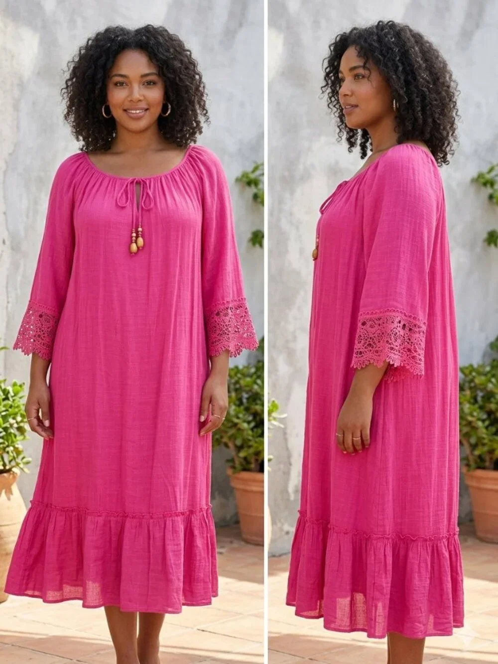 Mlle Gabrielle Fuchsia Pink Eyelet Embroidered Arm Maxi Peasant Dress - Size 2XL - Picture 1 of 6
